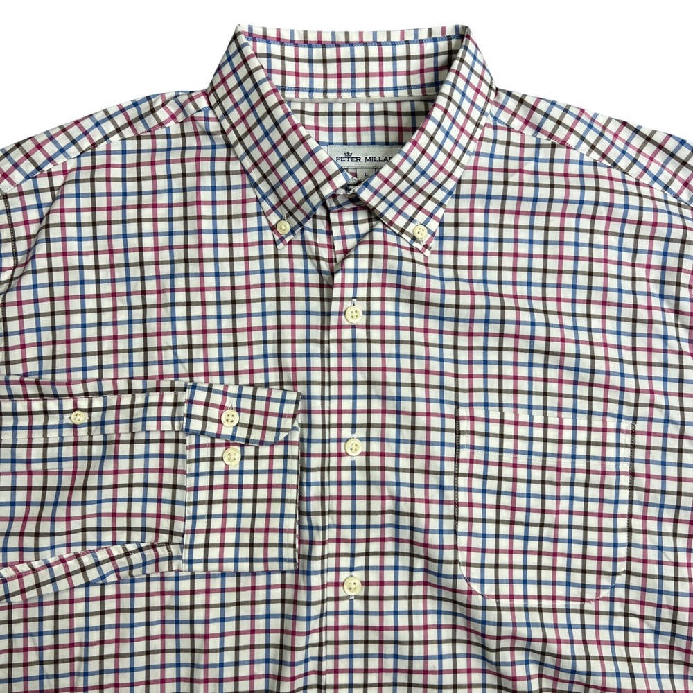 Peter Millar Mens Large Tattersall Check Button Down Shirt Blue Pink Performance